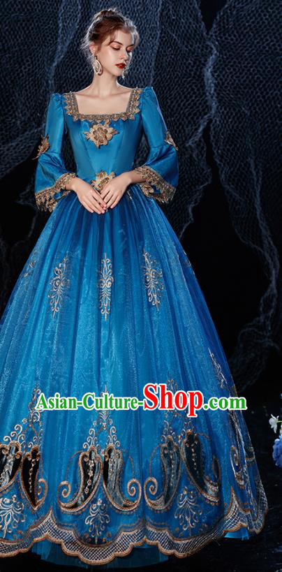 Top Western Court Princess Blue Full Dress Christmas Garment Costume England Formal Attire European Drama Performance Clothing
