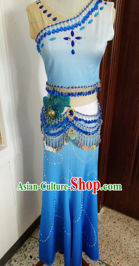 Chinese Ethnic Festival Peacock Dance Blue Dress Outfits Dai Nationality Female Clothing Yunnan Minority Folk Dance Garment Costumes