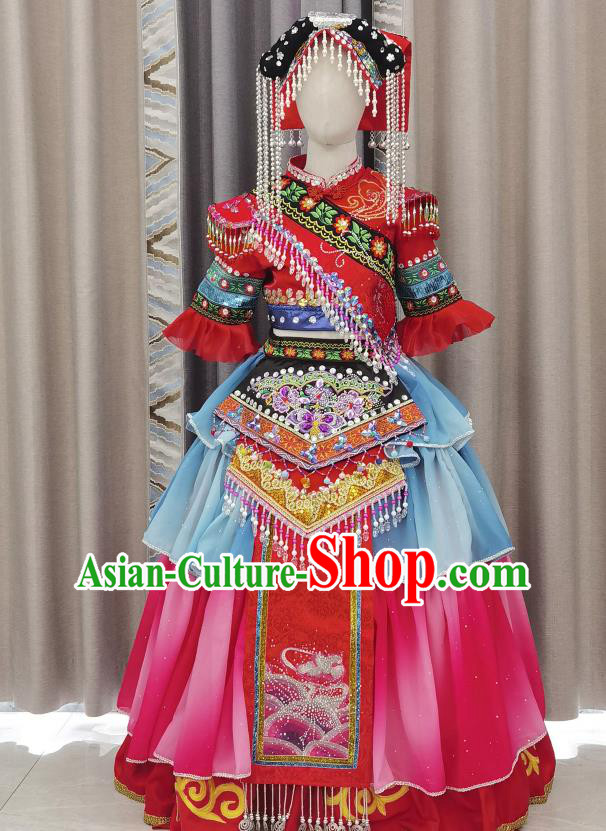 Chinese Yi Minority Dance Red Dress Outfits Qiang Nationality Children Performance Clothing Ethnic Folk Dance Garment Costumes and Headpieces