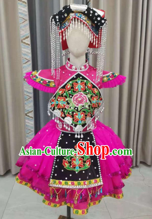 Chinese Ethnic Folk Dance Garment Costumes Yi Minority Dance Rosy Dress Outfits Pumi Nationality Children Performance Clothing and Headwear