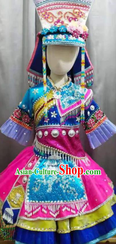 Chinese Qiang Nationality Performance Clothing Ethnic Children Dance Garment Costumes Pumi Minority Girl Dance Dress Outfits and Headwear