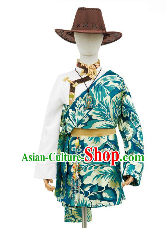 Chinese Ethnic Boys Performance Costume Zang Nationality Kid Solo Clothing Traditional Lake Blue Brocade Tibetan Robe