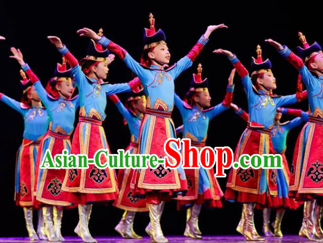 Chinese Mongol Nationality Folk Dance Blue Dress Outfits Traditional Ethnic Girl Clothing Mongolian Minority Stage Performance Costumes