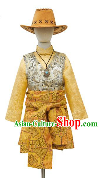 Chinese Zang Nationality Kid Clothing Traditional Children Brocade Vest Shirt and Skirt Tibetan Ethnic Boys Garment Costumes