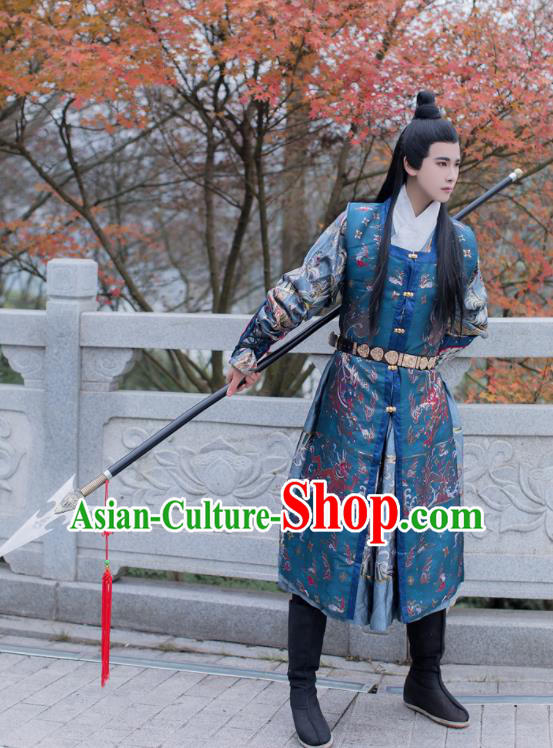 China Ming Dynasty Imperial Guard Historical Clothing Traditional Flying Fish Blue Brocade Vest Ancient Swordsman Garment Costume
