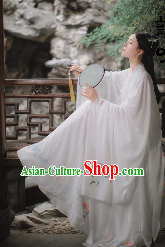 China Song Dynasty Young Beauty Historical Clothing Traditional White Hanfu Dress Apparels Ancient Goddess Princess Garment Costume