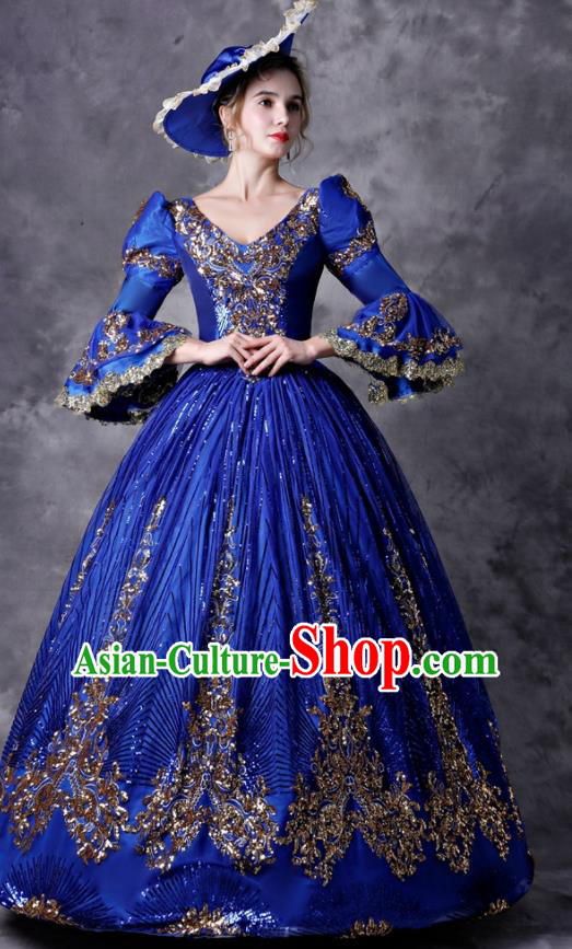 Top European Drama Performance Clothing Western Renaissance Style Royalblue Full Dress Christmas Garment Costume England Court Princess Formal Attire
