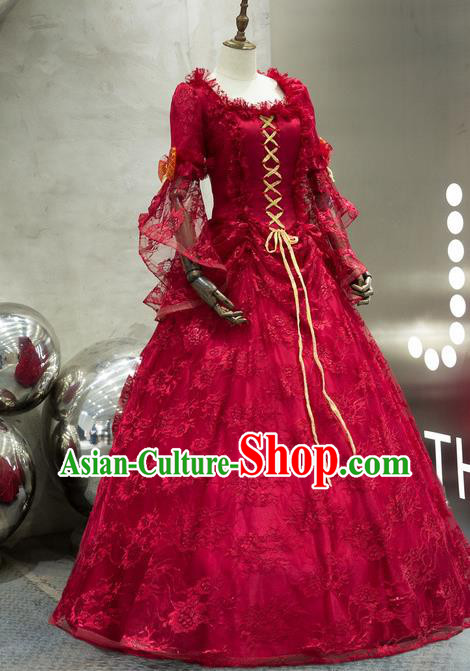 Top Western Drama Performance Wine Red Lace Full Dress French Princess Garment Costume Christmas Dance Party Formal Attire European Court Clothing