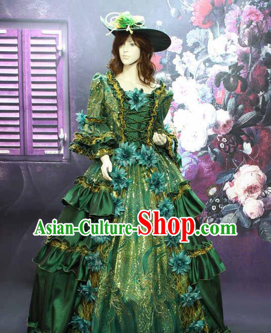 Top Christmas Formal Attire European Noble Lady Clothing Western Drama Performance Green Full Dress Ballroom Dance Garment Costume