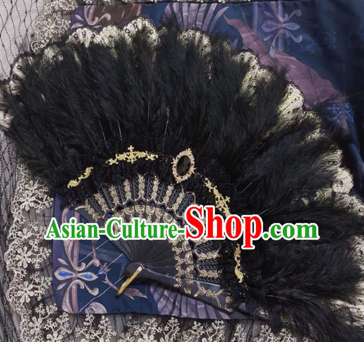 Handmade Baroque Queen Fan European Court Lady Fan Princess Fan Classical Dance Black Feather Fan
