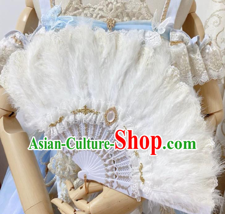 Handmade Christmas Day White Feather Fan Baroque Queen Fan European Court Lady Fan Princess Fan