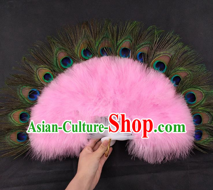 Handmade Belly Dance Pink Feather Fan Christmas Day Performance Fan Handmade Peacock Feather Fan Stage Show Fan