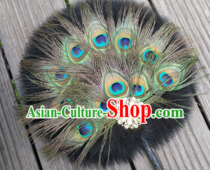 Chinese Traditional Hanfu Palace Fan Handmade Circular Fans Classical Dance Fan Ancient Swordsman Peacock Feather Fan