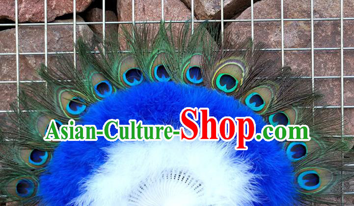 Handmade Modern Dance Fan Baroque Princess Fan Wedding Dance Royalblue Feather Fan Belly Dance Peacock Feather Fan