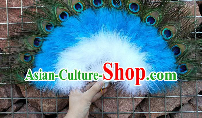Handmade Baroque Princess Peacock Feather Fan Blue Feather Fan Belly Dance Fan Modern Dance Fan