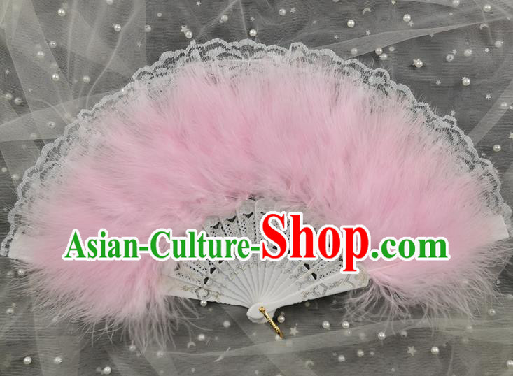 Handmade China Lace Fan Dance Fan Classical Dance Pink Feather Fan Cheongsam Stage Show Folding Fan
