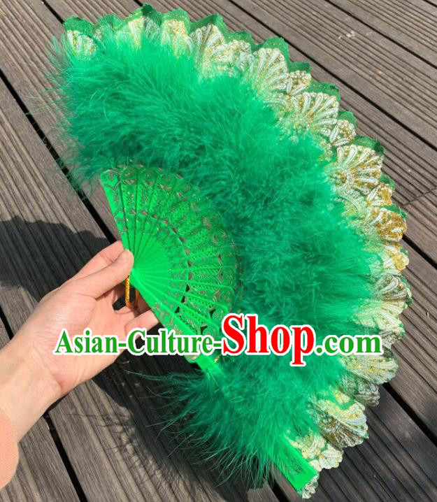 Chinese Cheongsam Dance Fan Traditional Stage Show Fan Classical Dance Green Feather Fans Handmade Folding Fan