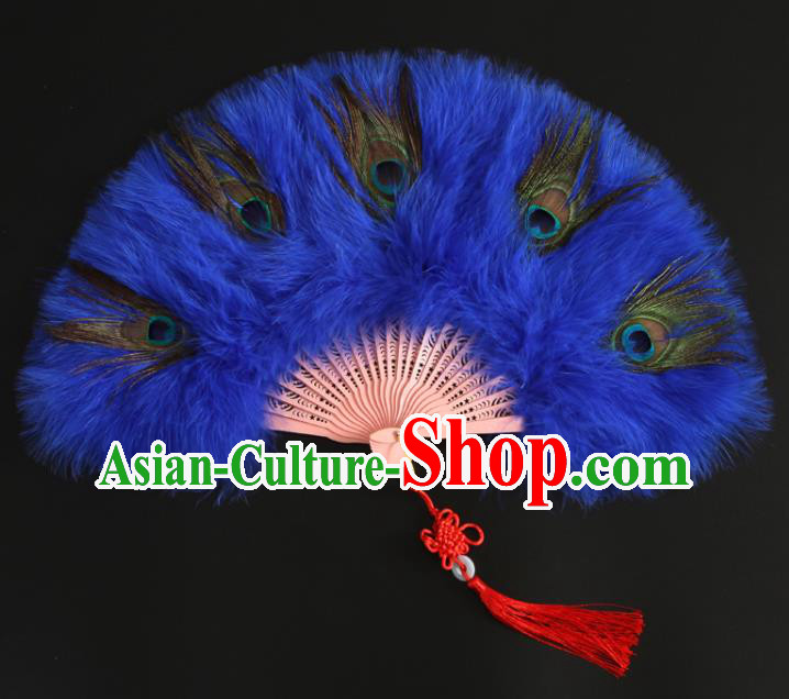 Chinese Cheongsam Show Fan Traditional Stage Performance Folding Fan Handmade Royalblue Feather Fans Classical Dance Fan