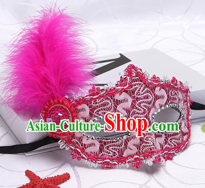 Handmade Fancy Ball Mask Headgear Stage Performance Accessories Halloween Cosplay Rosy Feather Face Mask Masquerade Parade Prop