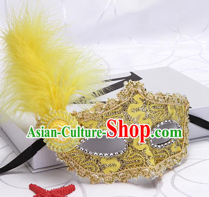 Handmade Halloween Cosplay Yellow Feather Face Mask Masquerade Parade Prop Fancy Ball Mask Headgear Stage Performance Accessories