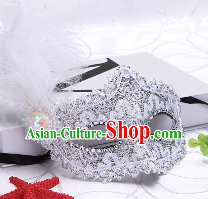 Handmade Stage Performance Accessories Halloween Cosplay White Feather Face Mask Masquerade Parade Prop Fancy Ball Mask Headgear