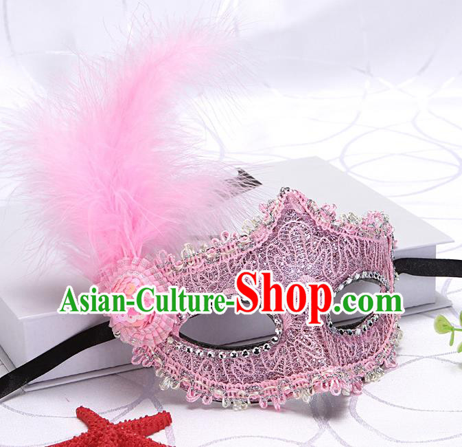 Handmade Masquerade Party Prop Headgear Halloween Fancy Ball Mask Stage Show Lace Accessories Cosplay Pink Feather Face Mask