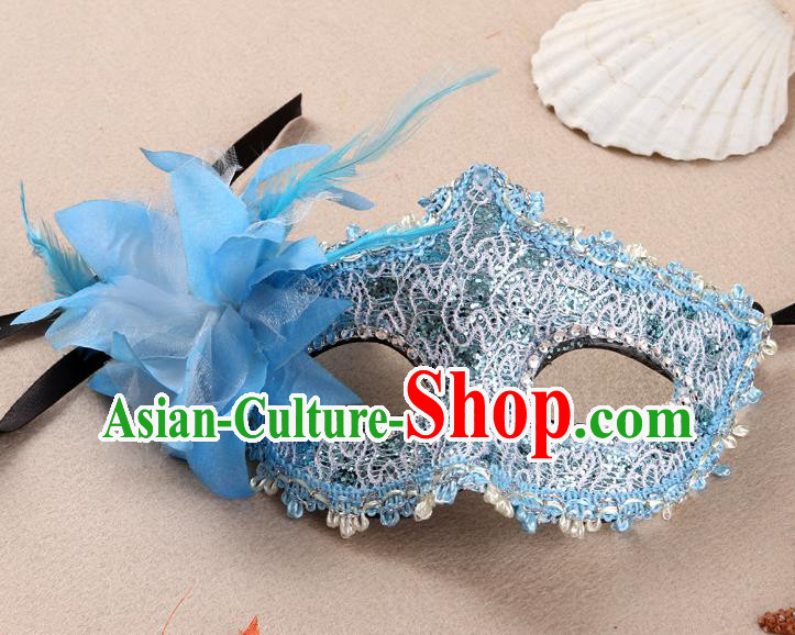 Handmade Halloween Dancing Party Lace Mask Stage Show Face Accessories Cosplay Performance Blue Flower Face Mask Masquerade Ball Headgear