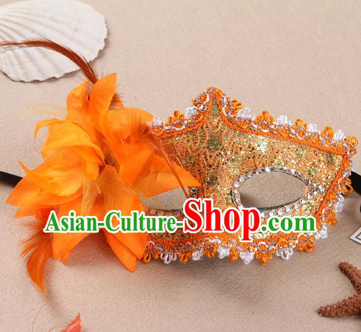 Handmade Stage Show Face Accessories Cosplay Performance Orange Flower Face Mask Masquerade Ball Headgear Halloween Dancing Party Lace Mask