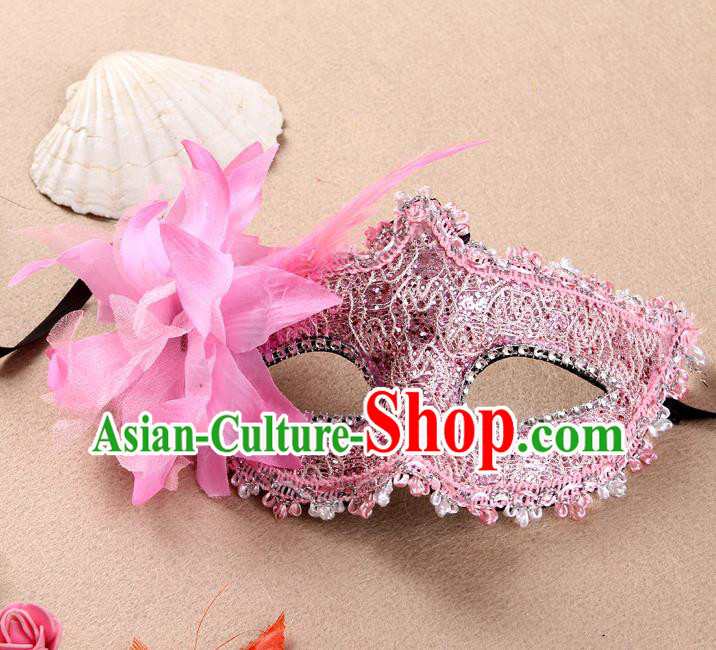 Handmade Catwalks Pink Lace Mask Halloween Stage Show Face Accessories Cosplay Angel Flower Face Mask Masquerade Party Headgear