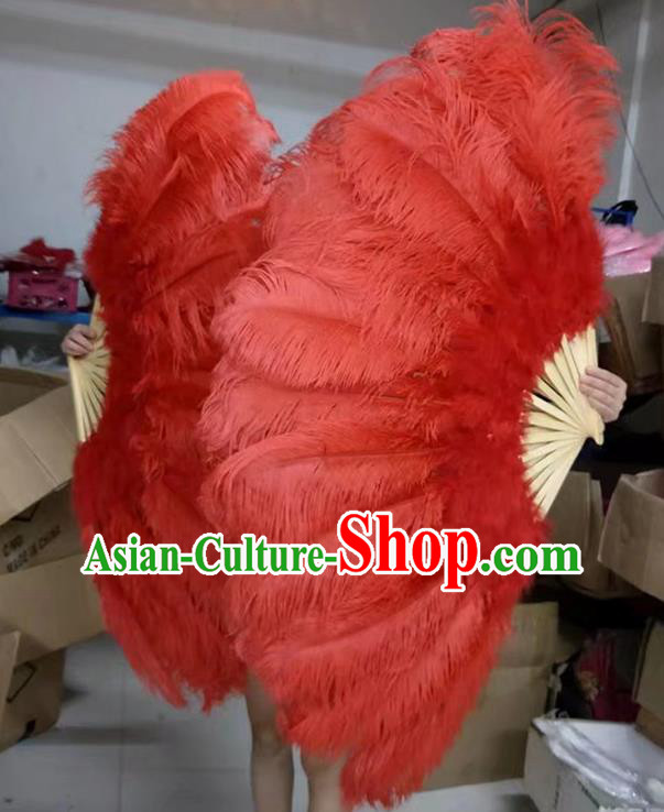 Top Folk Dance Large Fan Handmade Red Ostrich Feather Fan Miami Show Fan Halloween Cosplay Bamboo Folding Fan