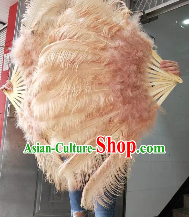 Top Handmade Khaki Ostrich Feather Fan Miami Stage Show Fan Halloween Cosplay Bamboo Folding Fan Folk Dance Large Fan