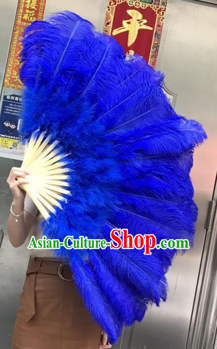 Top Rio Carnival Bamboo Folding Fan Samba Dance Deluxe Feathers Fan Handmade Royalblue Ostrich Feather Fan Miami Stage Show Giant Fan