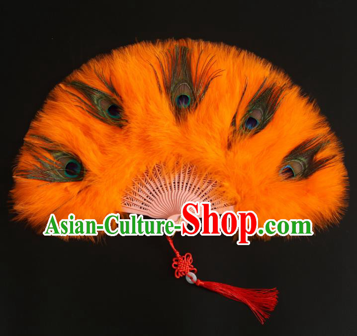 Chinese Handmade Peacock Feather Fans Stage Show Fan Classical Dance Orange Feather Fan Traditional Hanfu Folding Fan