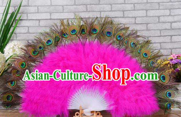 Top Belly Dance Folding Fan Samba Dance Peacock Feathers Fan Handmade Halloween Cosplay Party Fan Stage Show Rosy Villus Fan