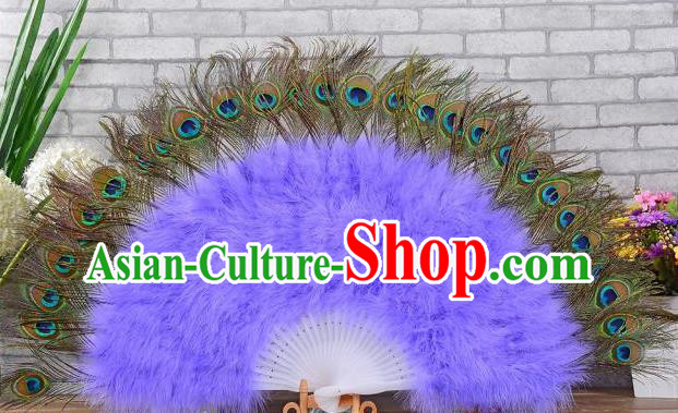 Top Stage Performance Fan Handmade Peacock Feathers Fan Samba Dance Purple Villus Fan Spanish Dance Folding Fan