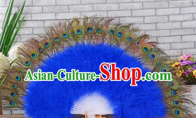 Top Spanish Dance Folding Fan Stage Performance Fan Handmade Peacock Feathers Fan Samba Dance Royalblue Villus Fan