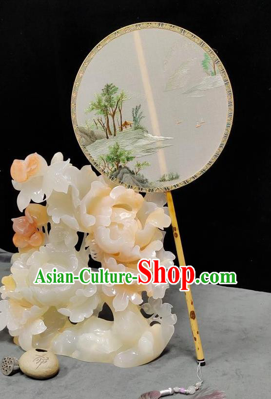 China Traditional Hanfu Palace Fan Suzhou Embroidery Landscape Fan Classical Dance Fan Handmade Silk Circular Fan