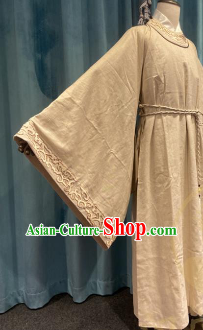 China Ancient Scholar Beige Flax Robe Drama Da Ming Feng Hua Zhu Yawen Clothing Ming Dynasty Young Male Garment Costumes