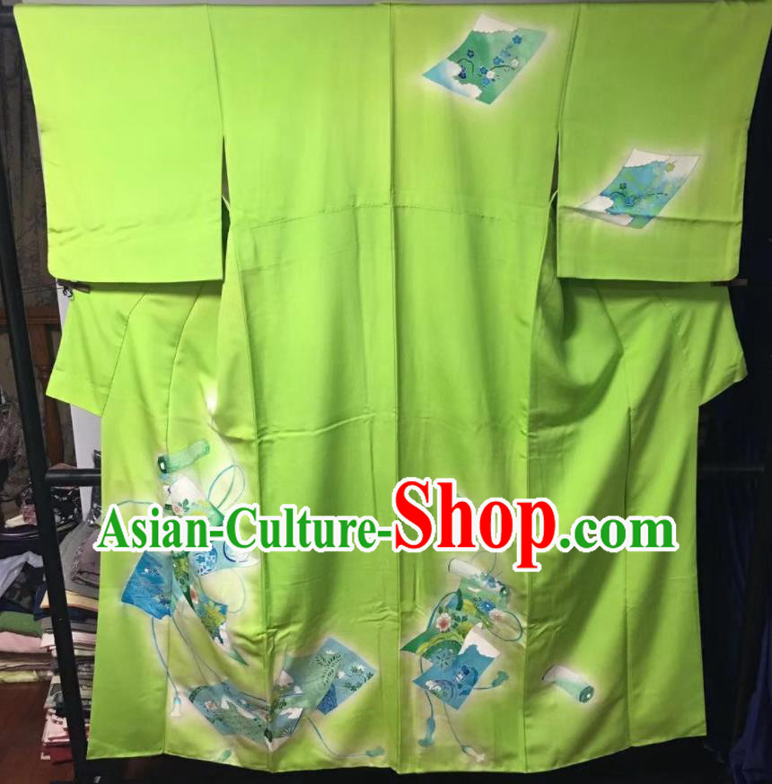 Japan Traditional Printing Green Yukata Dress Classical Pattern Tsukesage Kimono Clothing Young Woman Garment Costume