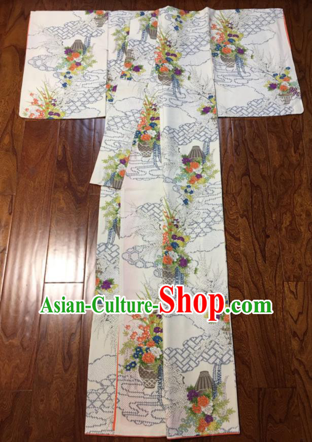 Japan Young Woman Wafuku Garment Costume Tokyo Beige Yukata Dress Traditional Peony Plum Pattern Informal Kimono Clothing