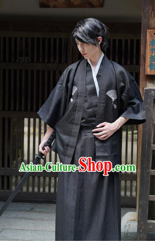 Japanese Stage Performance Male Kimono Clothing Ancient Warrior Apparels Asian Traditional Black Yukata Robe Outfits