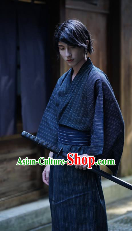 Asian Traditional Black Yukata Robe Japanese Stage Performance Male Kimono Clothing Ancient Warrior Apparels