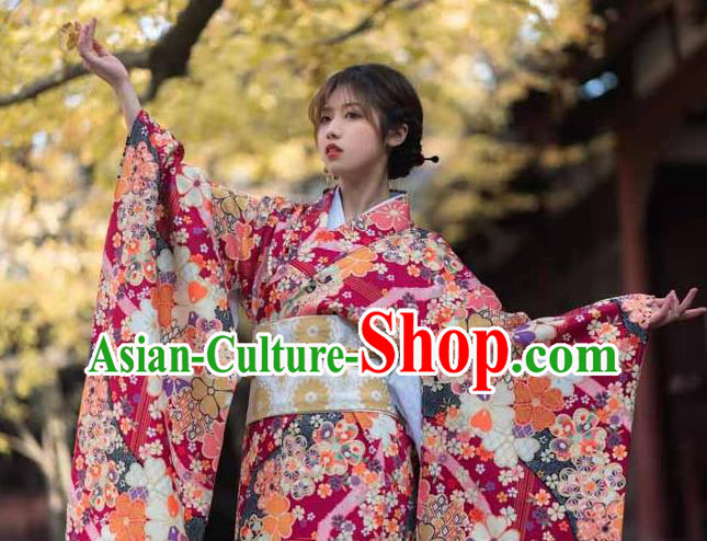 Japan Hanabi Taikai Printing Sakura Wine Red Yukata Dress Young Lady Fashion Garment Traditional Summer Festival Furisode Kimono Costume