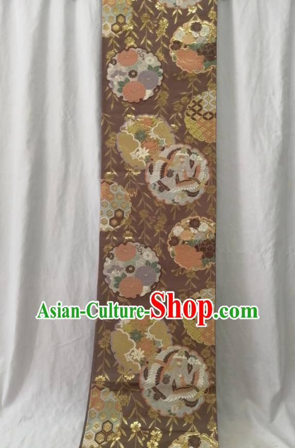 Japanese Traditional Yukata Nishijin Belt Classical Birds Pattern Brown Brocade Waistband Female Kimono Dress Corset Accessories