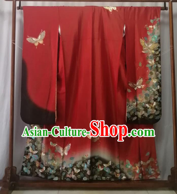 Japan Orthodox Garment Costume Court Woman Printing Butterfly Yukata Dress Traditional Wedding Red Furisode Kimono Clothing