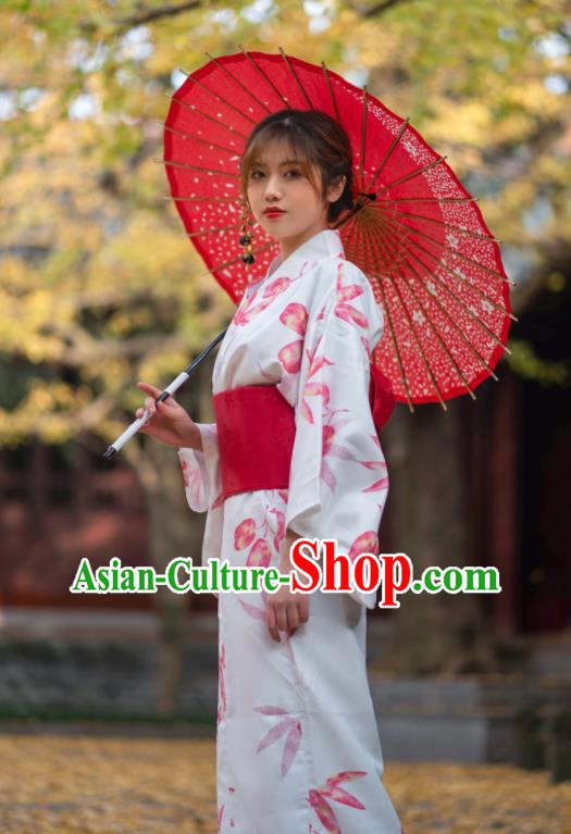Japan Summer Festival Printing Maple Leaf White Yukata Dress Young Lady Fashion Garment Traditional Photography Kimono Costume