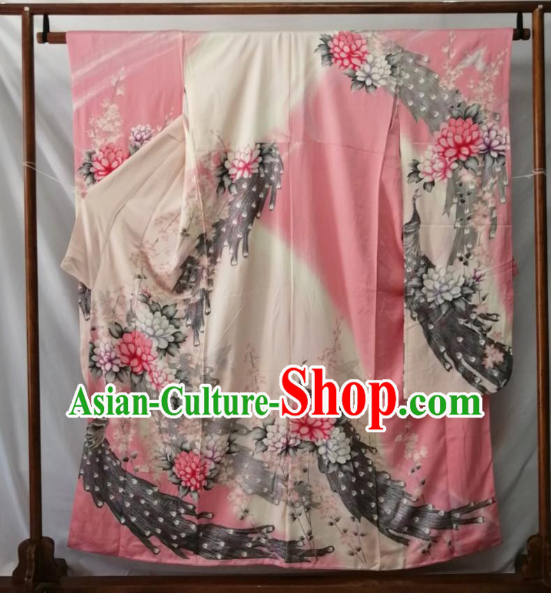 Japan Court Queen Garment Costume Kyoto Pink Silk Yukata Dress Traditional Peacock Pattern Furisode Kimono Clothing
