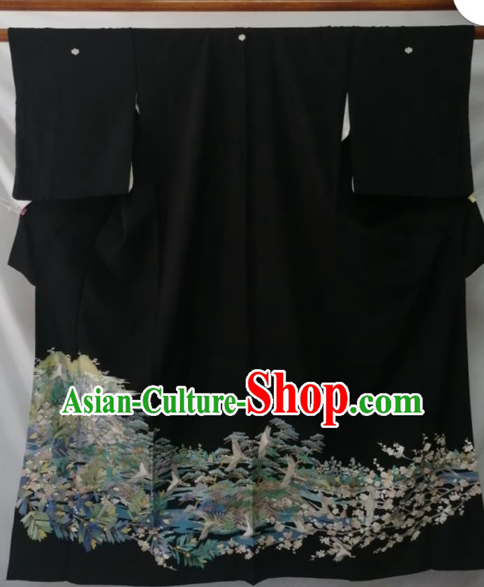 Japanese Traditional Embroidered Crane Black Yukata Robe Male Kurotomesode Kimono Clothing Asian Stage Performance Apparel