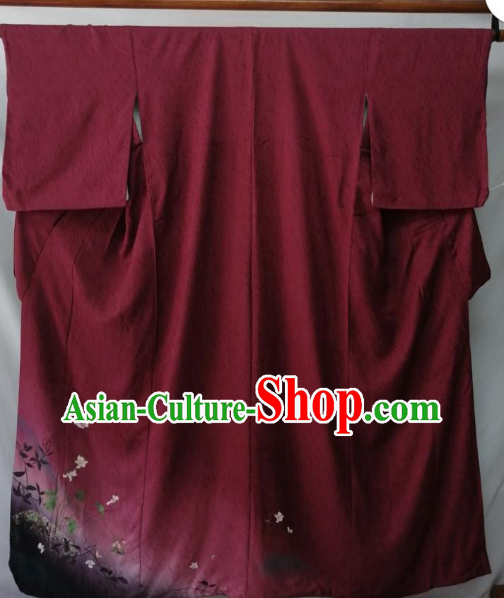 Japan Kyoto Wine Red Yukata Dress Traditional Flowers Pattern Tsukesage Kimono Clothing Young Lady Garment Costume