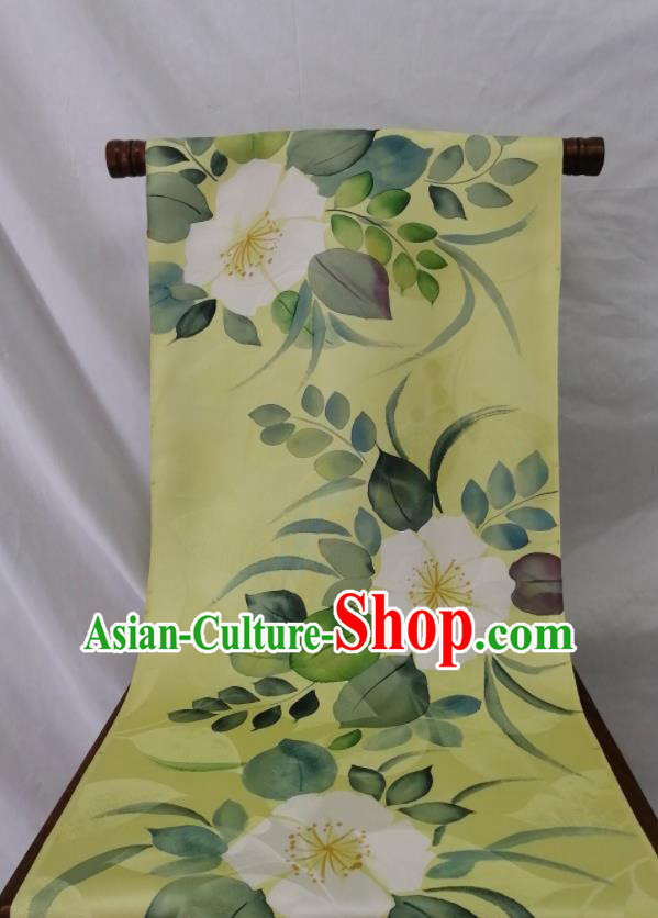 Japanese Traditional Yukata Belt Yellow Silk Fabric Classical Flowers Pattern Waistband Material Kimono Dress Corset Accessories